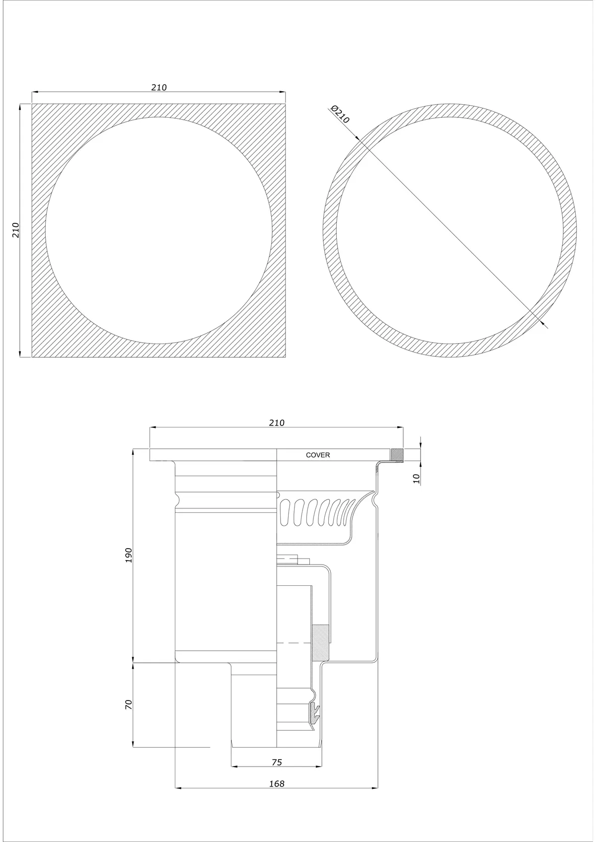 Vloerafvoer BK_KRDO 210/210x210 DN 75 - Eendelig verticaal - Ronde/Vierkante uitvoering