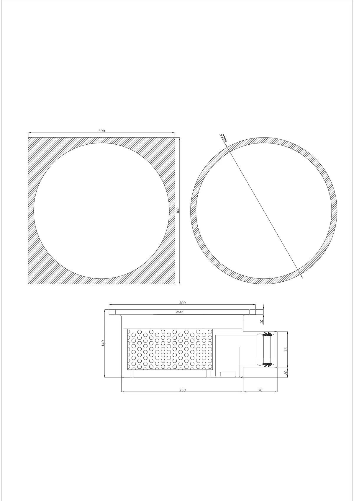 Vloerafvoer BK_KRBO 300/ 300x300 DN 75 - Eendelig Horizontaal - Ronde/Vierkante Uitvoering