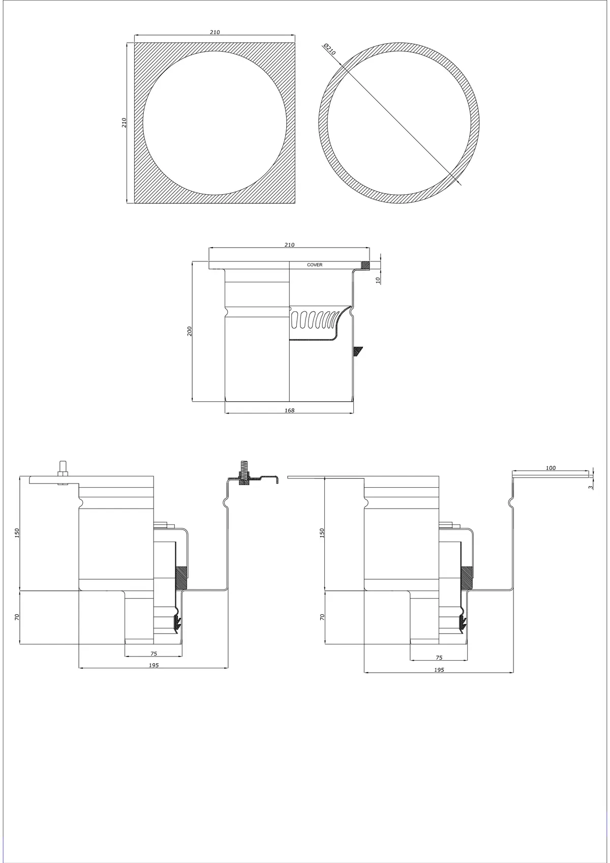 Vloerafvoer BK_KRDO 210/210x210 DN 75 - Tweedelig verticaal - Ronde/Vierkante versie