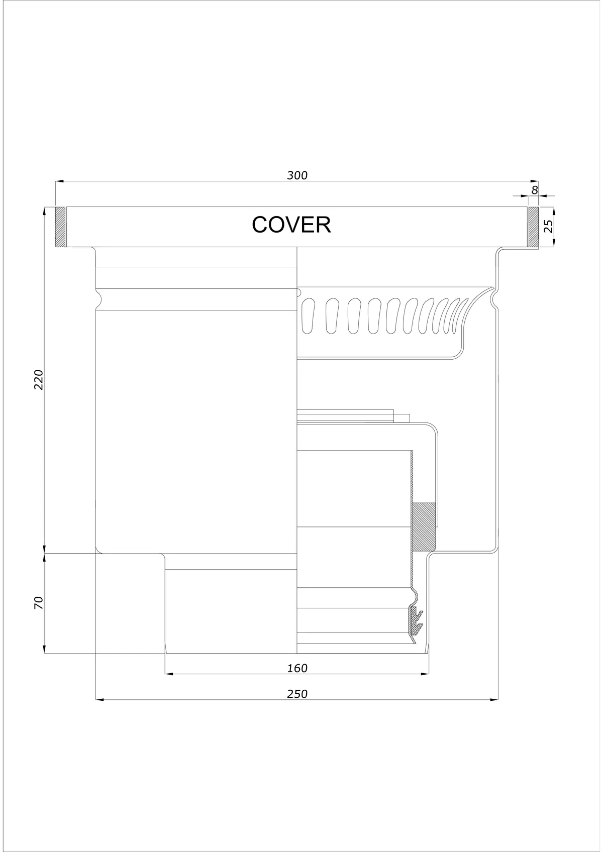 Vloerafvoer BK_KROD 300 DN 160 met rand 25x8mm - Eendelig verticaal