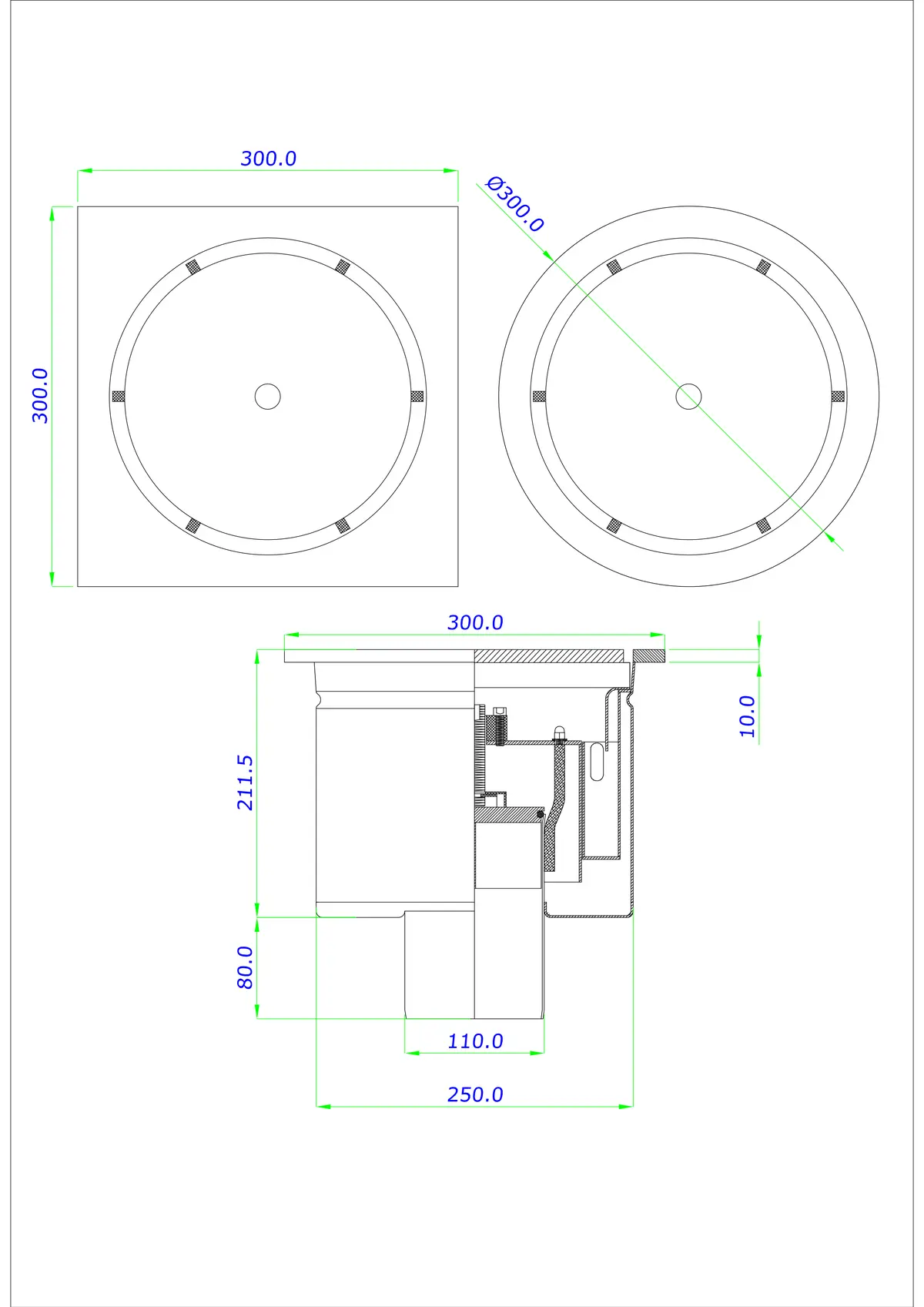 Vloerafvoer BK_KROD 300/300x300 DN 110 met afsluitbare sifon (inbussleutel) - eenstuk verticaal