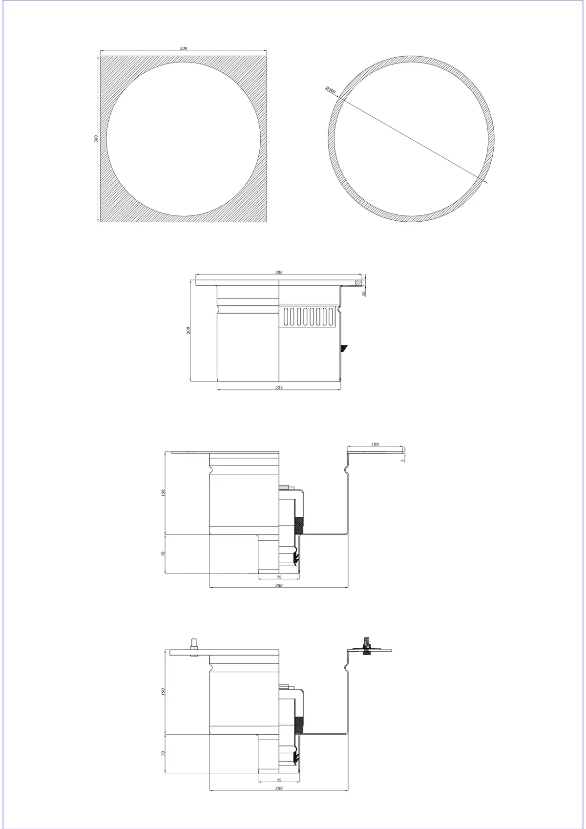 Vloerafvoer BK_KRDO 300/300x300 DN 75 - Tweedelig verticaal - Ronde/Vierkante uitvoering
