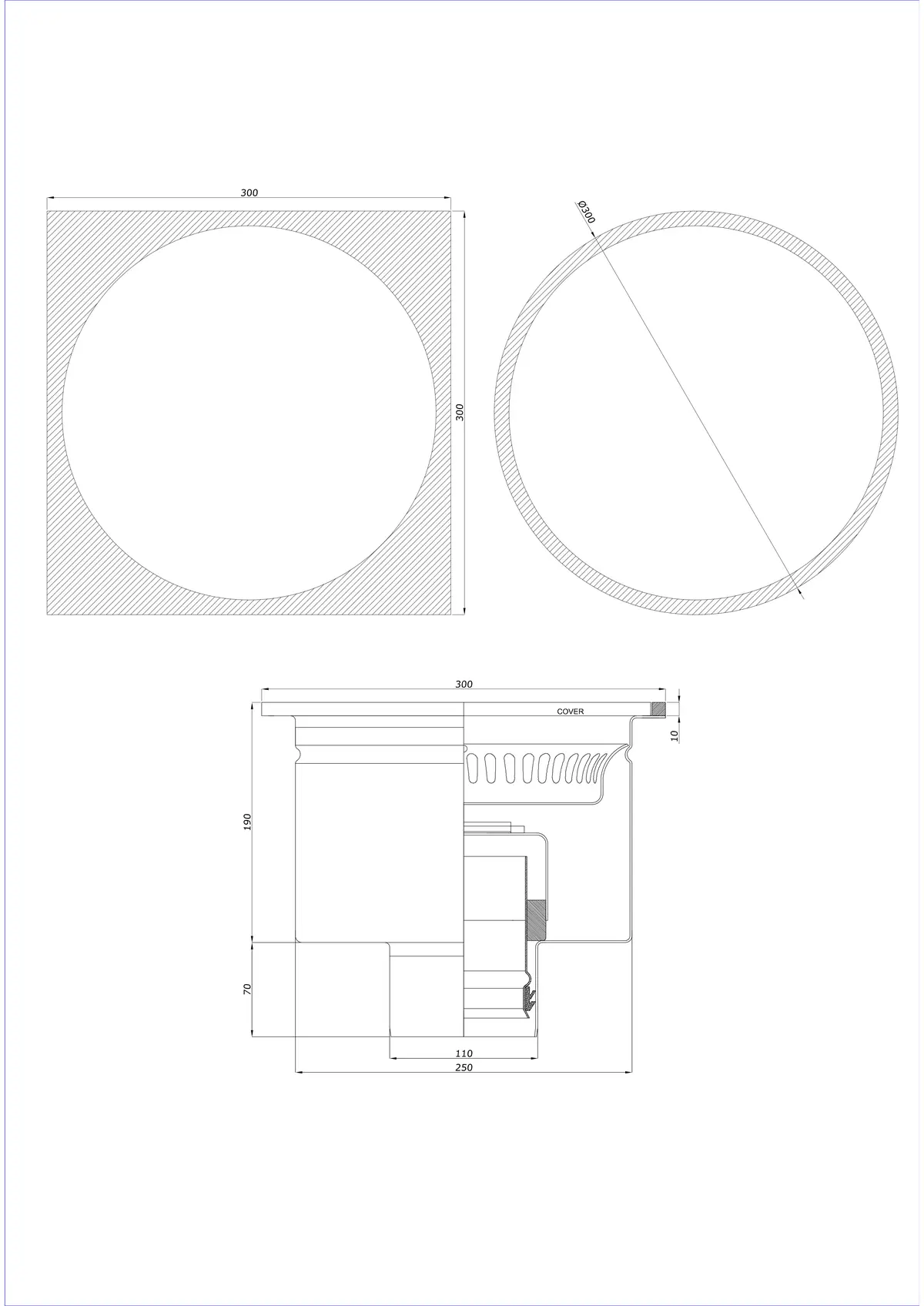 Vloerafvoer BK_KRDO 300/300x300 DN 110 - Eendelig Verticaal - Ronde/Vierkante Uitvoering
