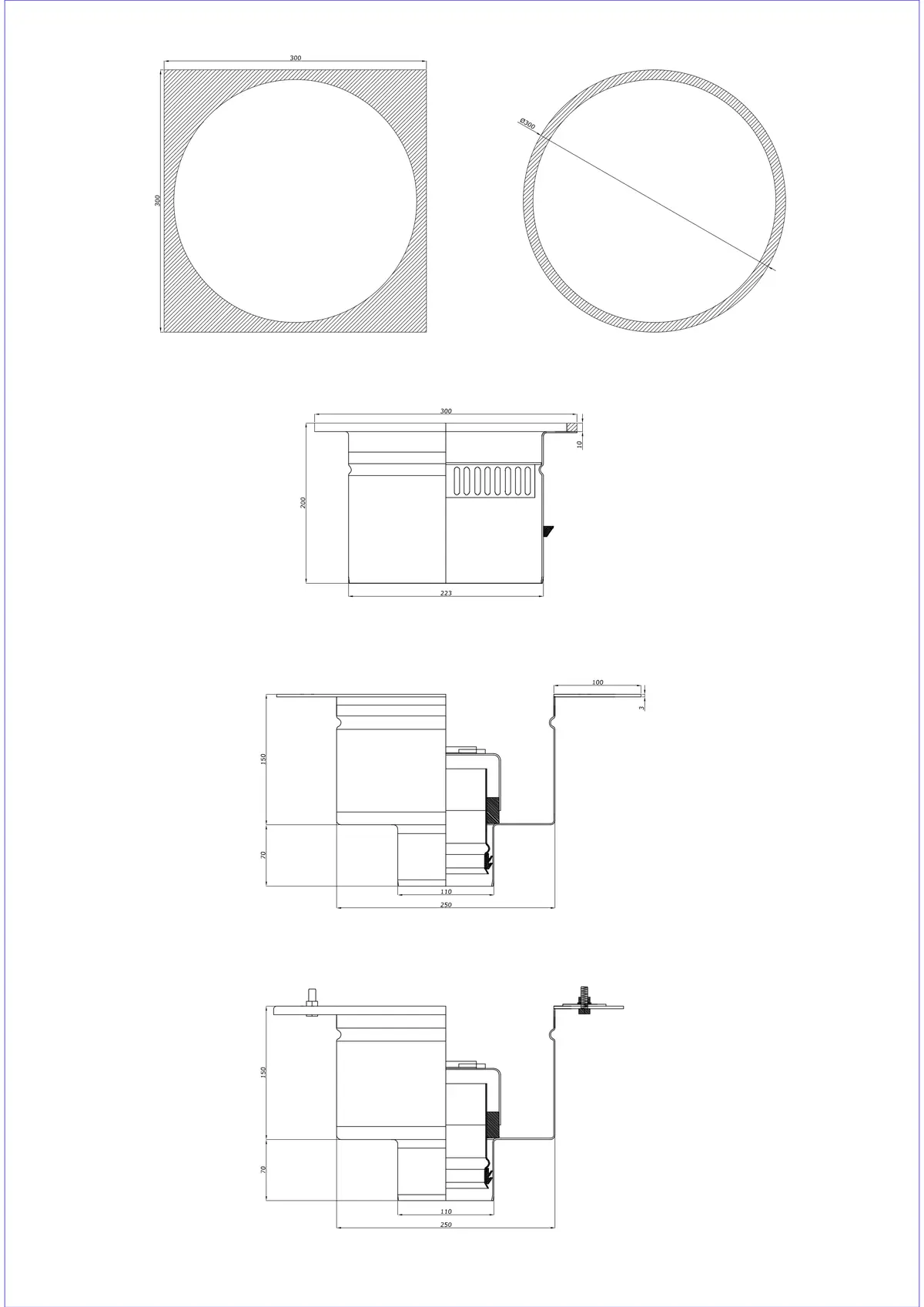 Vloerafvoer BK_KRDO 300/300x300 DN 110 - Tweedelig verticaal - Ronde/Vierkante versie