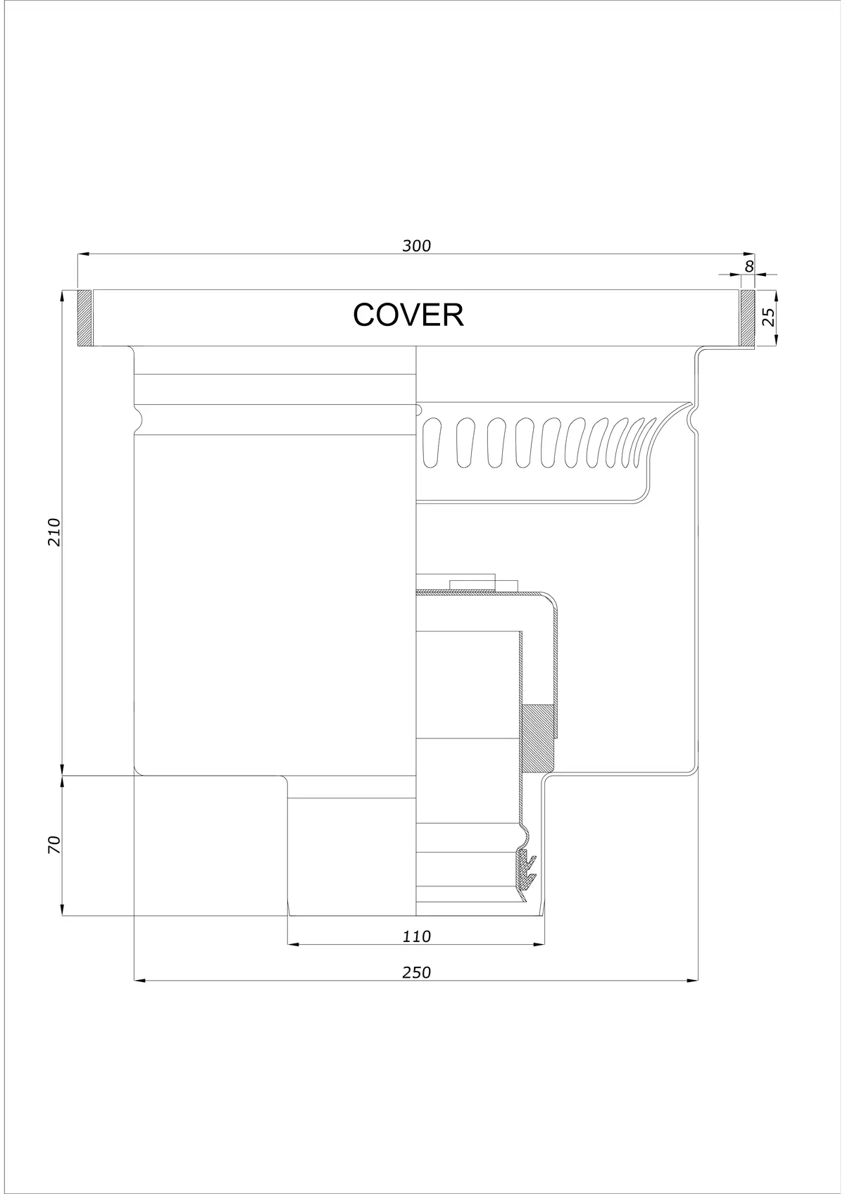 Vloerafvoer BK_KROD 300 DN 110 met rand 25x8mm - Eendelig verticale afvoer