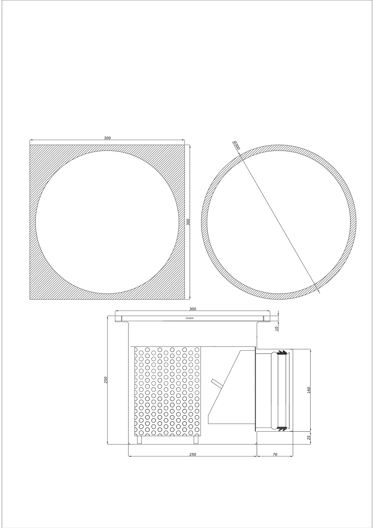 Vloerafvoer BK_KRBO 300/300x300 DN 160 - Eendelig Horizontaal - Ronde/Vierkante Uitvoering