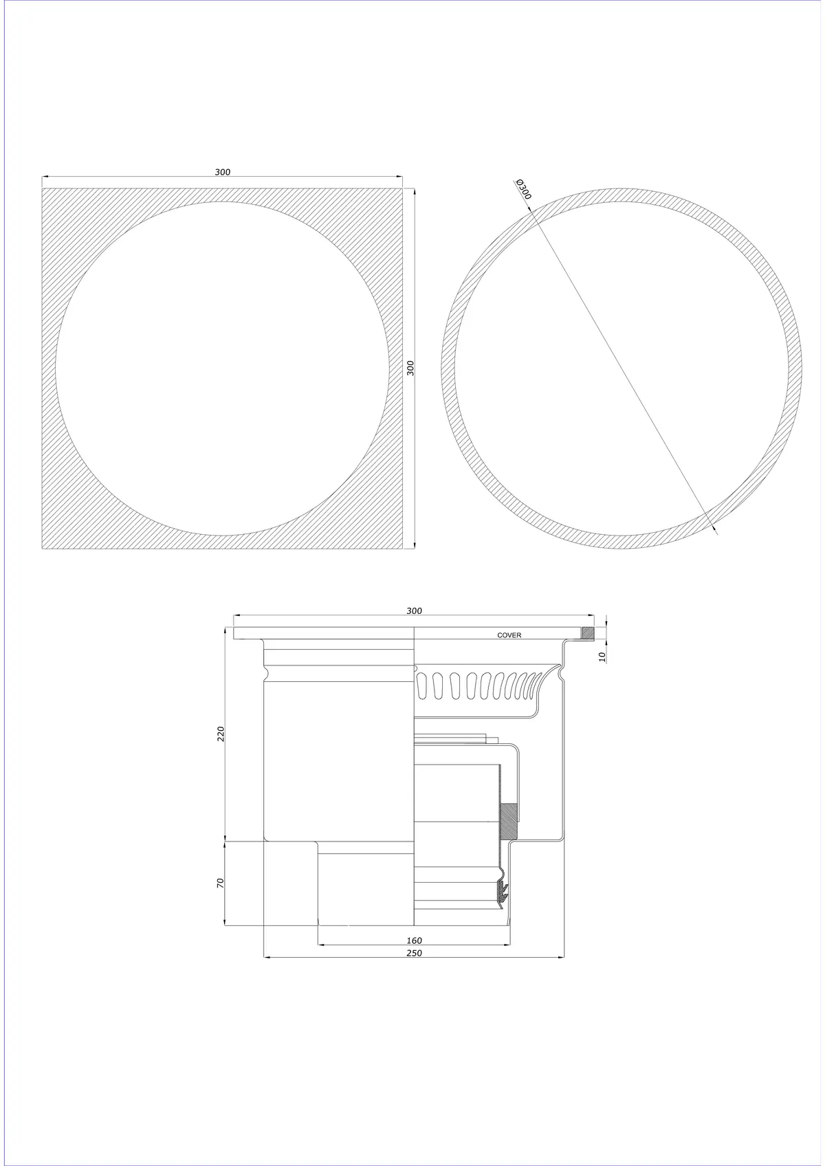 Vloerafvoer BK_KRDO 300/300x300 DN 160 - Eendelig verticaal - Ronde/Vierkante uitvoering