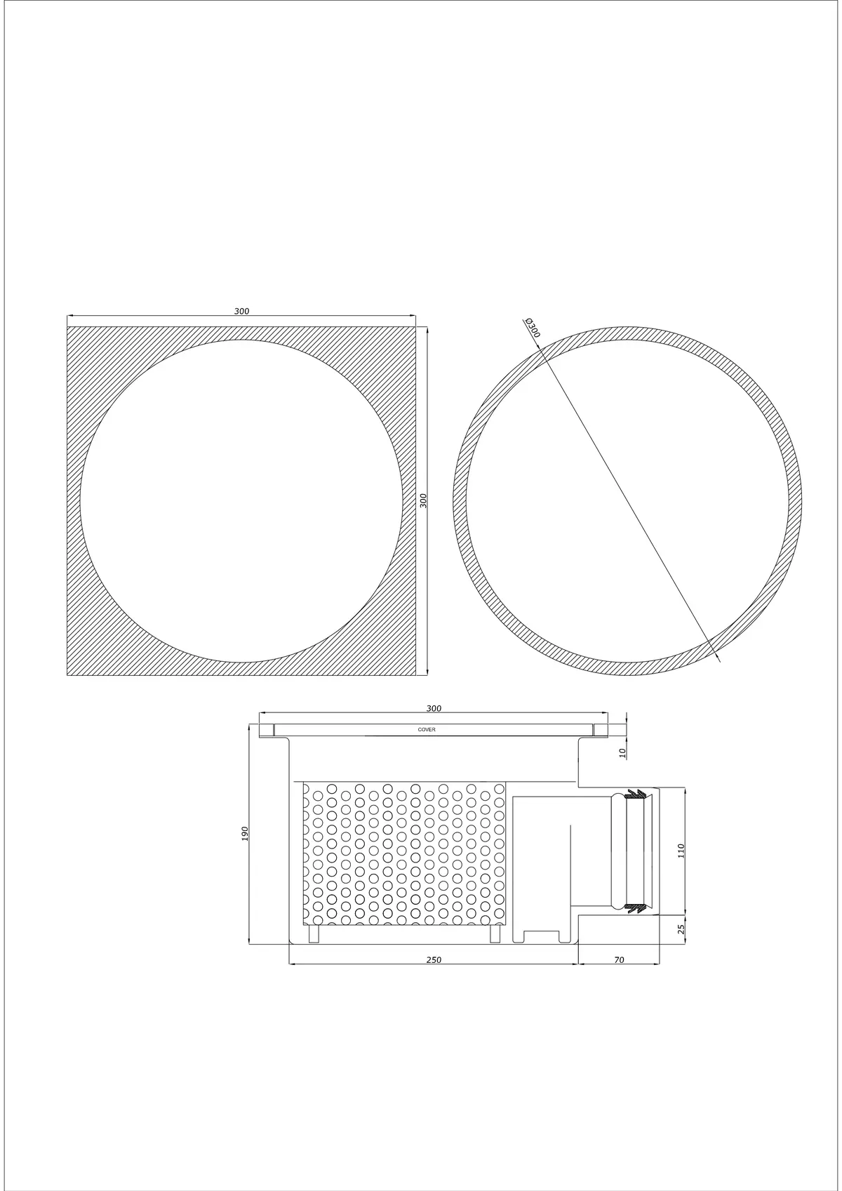 Vloerafvoer BK_KRBO 300/ 300x300 DN 110 - Eendelig Horizontaal - Ronde/Vierkante Uitvoering