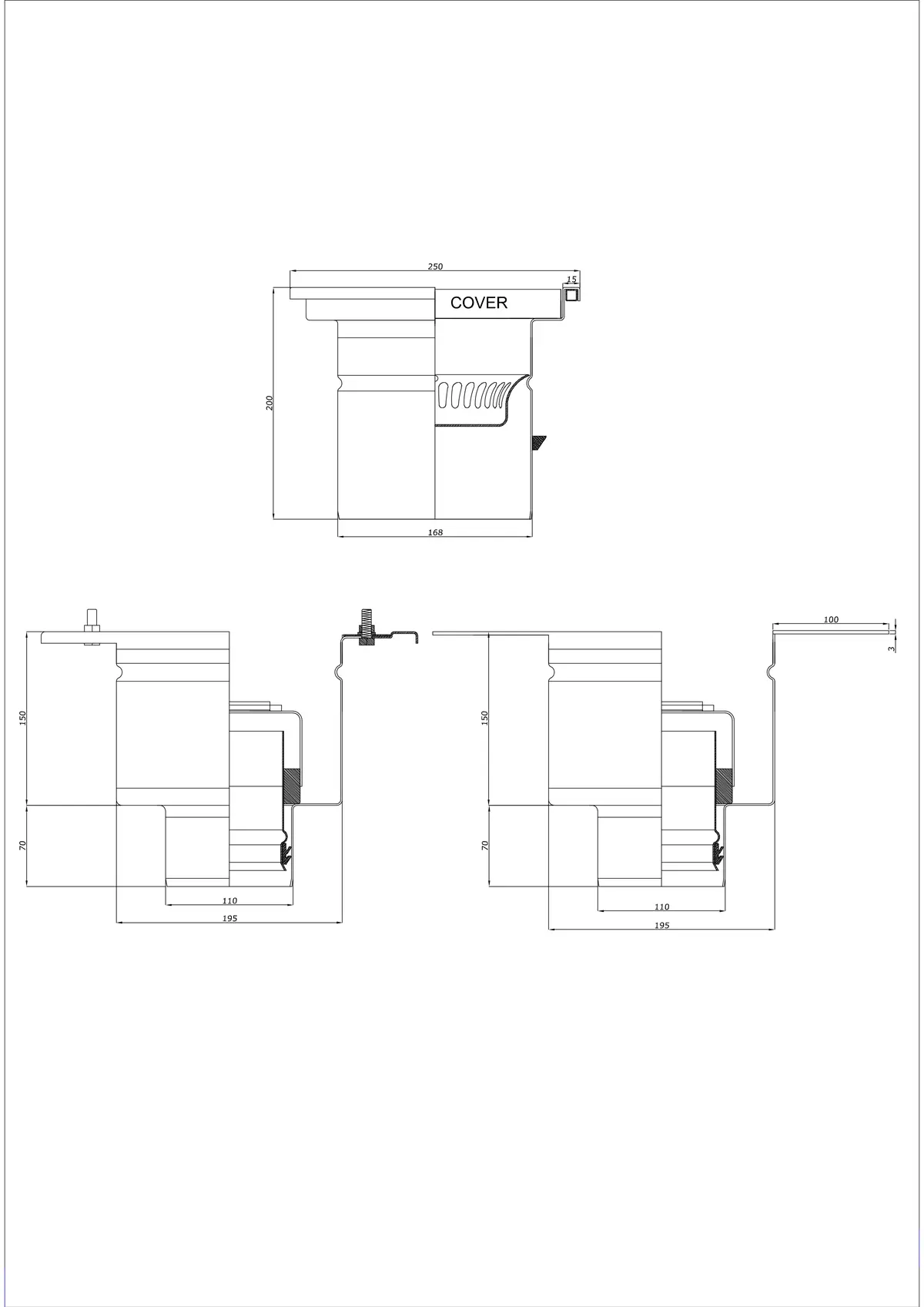 Vloerafvoer BK_KRD 250x250 DN 110 - Tweedelig Verticaal