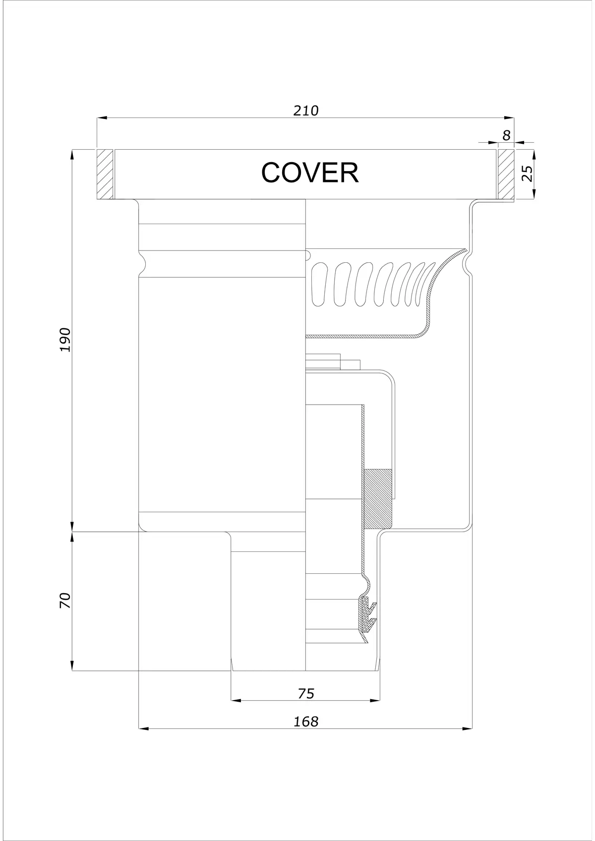 Vloerafvoer BK_KROD 210 DN 75 met rand 25x8mm - Eendelige verticale afvoer