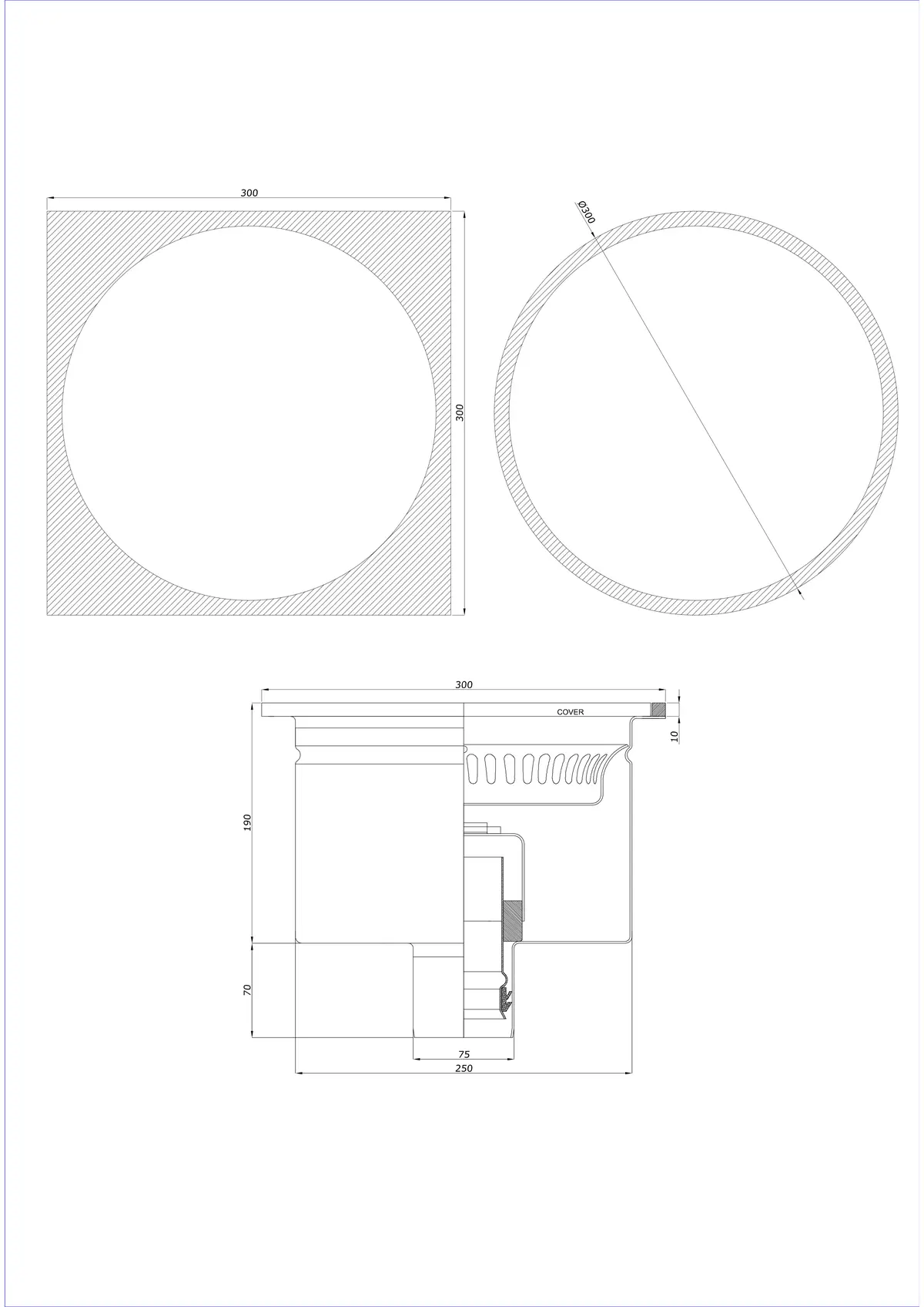 Vloerafvoer BK_KRDO 300/300x300 DN 75 - Eendelig verticaal - Ronde/Vierkante uitvoering