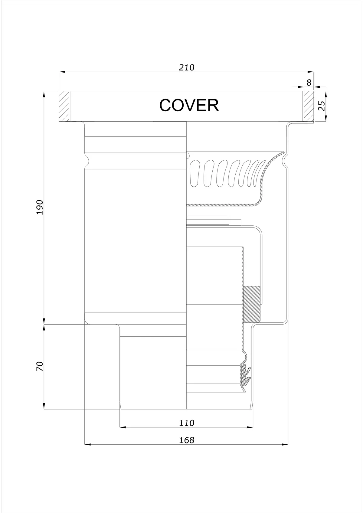 Vloerafvoer BK_KROD 210 DN 110 met rand 25x8mm - Eendelig verticaal