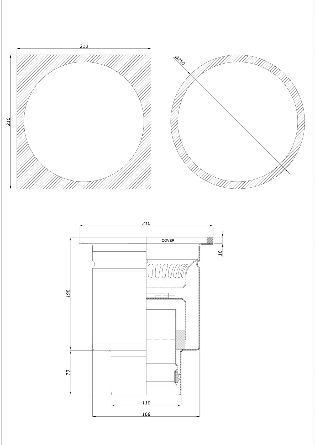 Vloerafvoer BK_KRDO 210/210x210 DN 110 - Eendelig verticaal - Ronde/Vierkante uitvoering