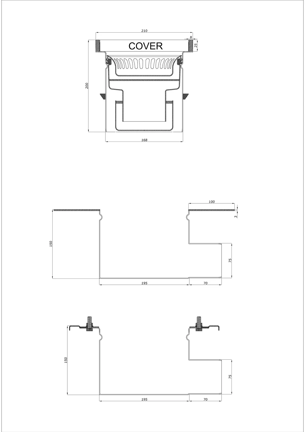 Vloerafvoer BK_KROB 210 DN 75 met rand 25x8mm - Tweedelige horizontale afvoer
