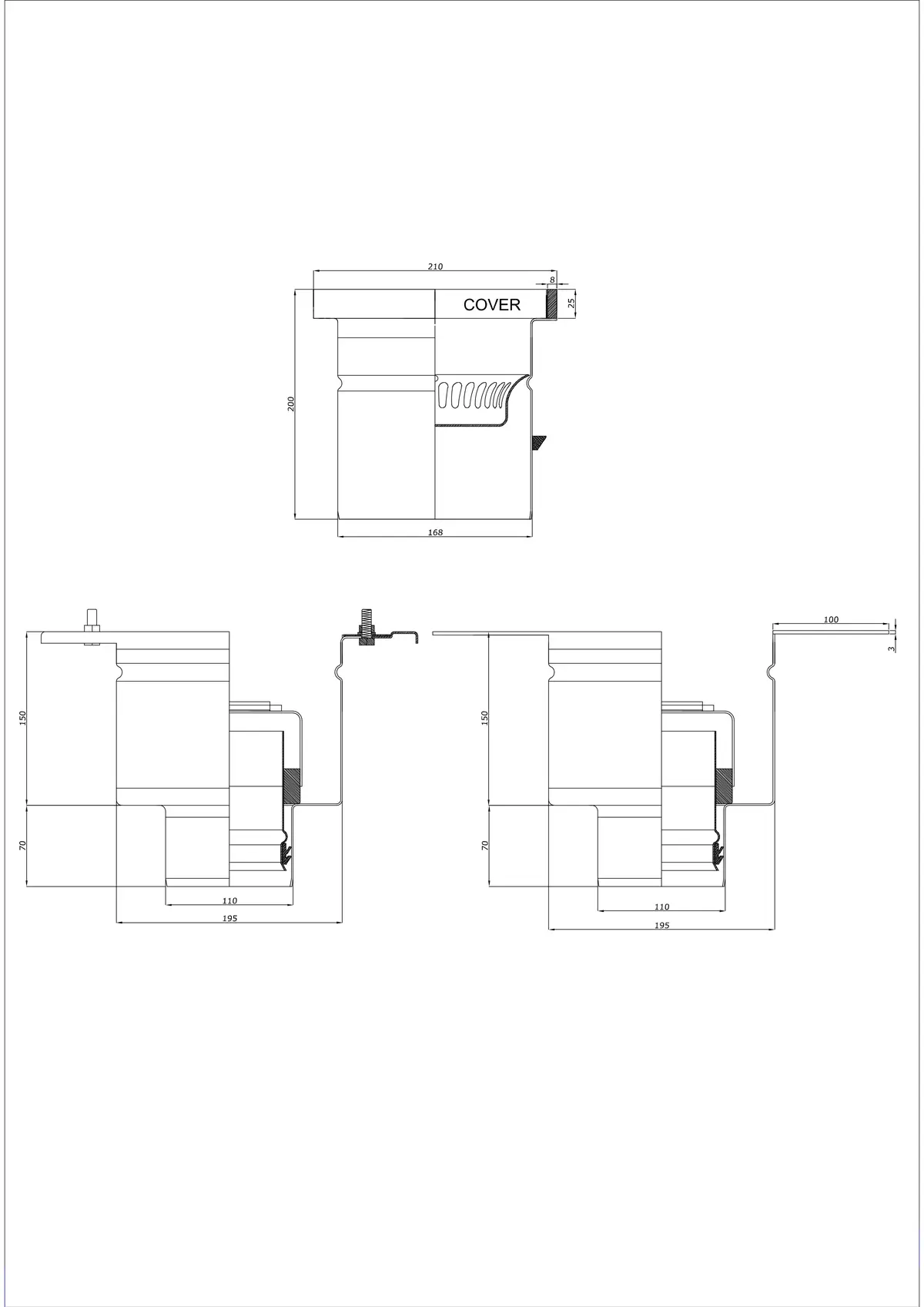 Vloerafvoer BK_KROD 210 DN 110 met rand 25x8mm - Tweeledige verticale afvoer