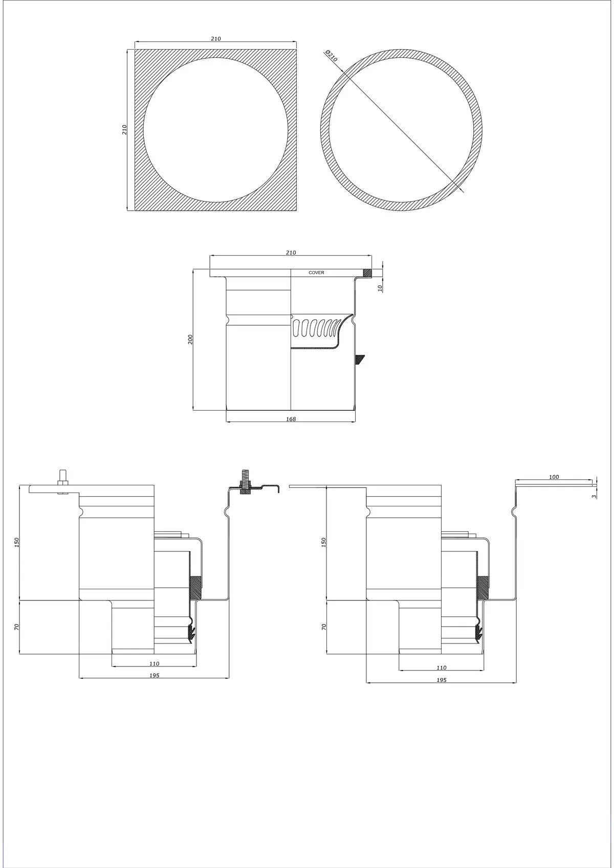 Vloerafvoer BK_KRDO 210/210x210 DN 110 - Tweedelig Verticaal - Ronde/Vierkante Uitvoering