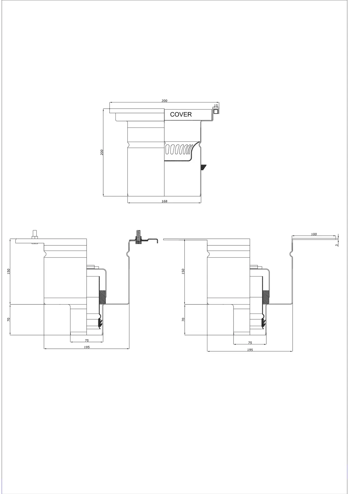 Vloerafvoer BK_KRD 200x200 DN 75 - Tweedelig verticaal