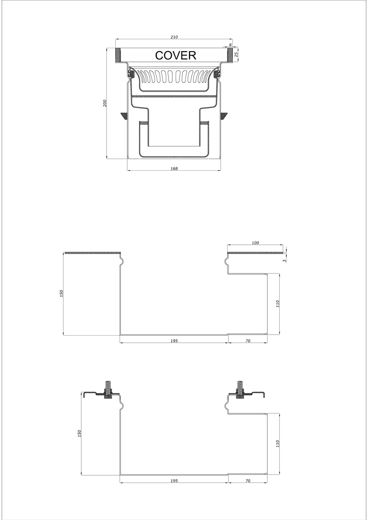 Vloerafvoer BK_KROB 210 DN 110 met rand 25x8mm - Tweedelig horizontaal