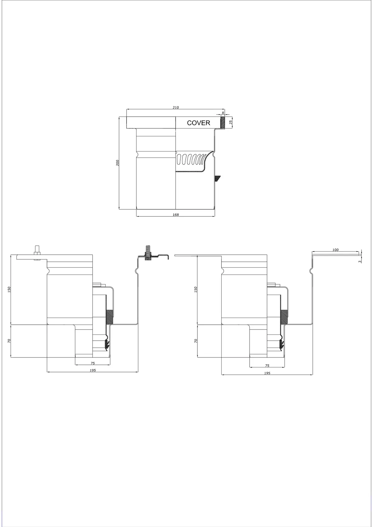 Vloerafvoer BK_KROD 210 DN 75 met rand 25x8mm - Tweedelig verticaal