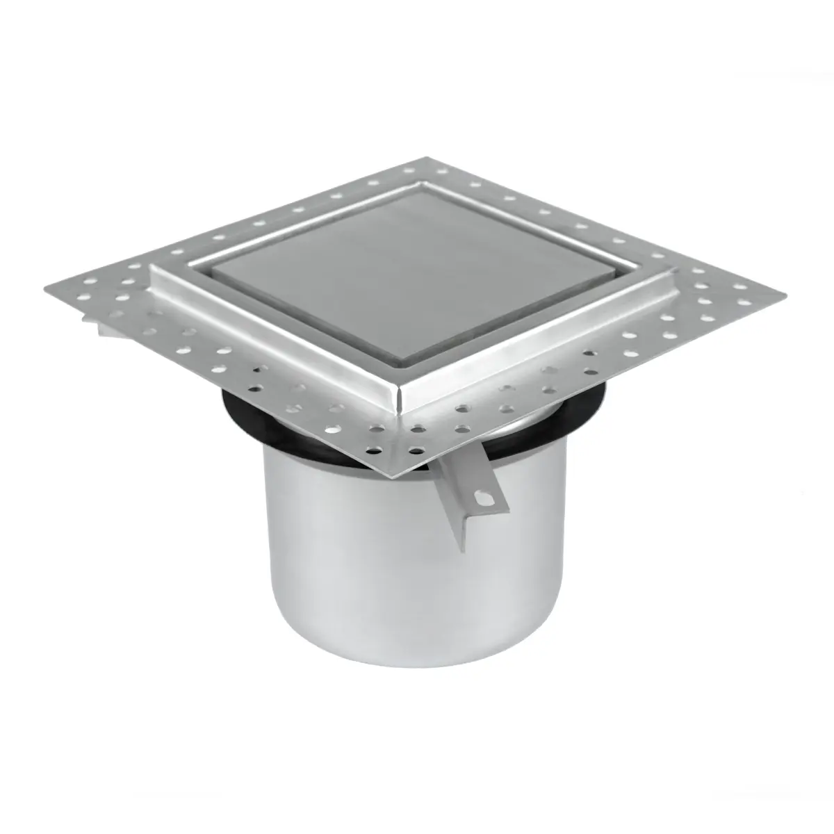 Bovenste deel van een vloerrooster 200x200 mm met plaatdeksel en afdichtflens